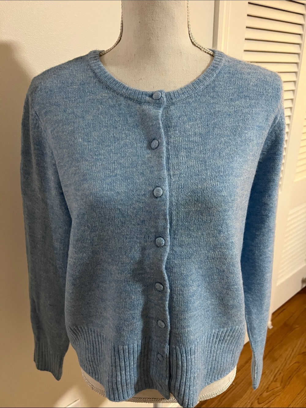 Cece Powder Blue Button-Front Crewneck Cardigan